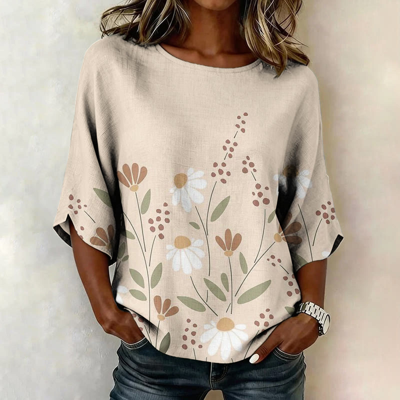 Daisy Floral Print Half Sleeve Casual Blouse - Apricot - 4XL - image 1