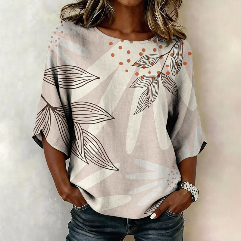 Botanical Pattern Print Half Sleeve Casual Blouse - Apricot - 4XL - image 1