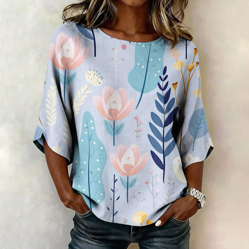 Soft Color Spring Flower Print Half Sleeve Casual Blouse - Blue - 4XL - image 1