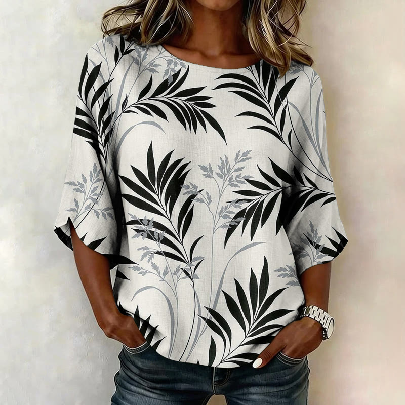 Tropical Fern Leaf Print Half Sleeve Casual Blouse - Grey - 4XL - image 1