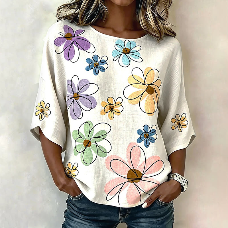 Colorful Abstract Line Flower Print Half Sleeve Casual Blouse - Apricot - 4XL - image 1