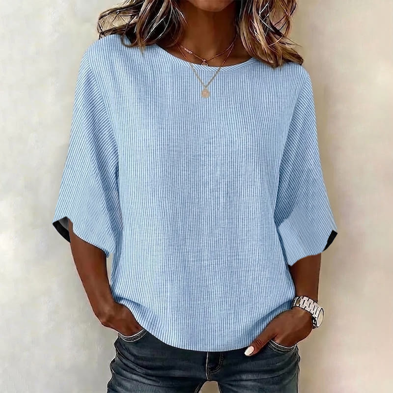Simple Striped Print Half Sleeve Casual Blouse - Sky Blue - 4XL - image 1