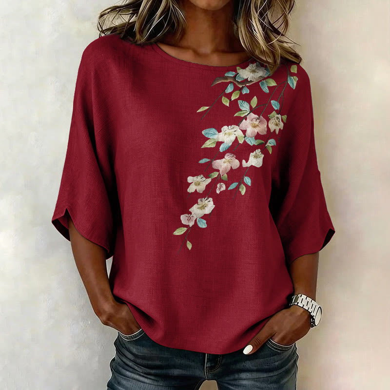 Floral Branch Print Half Sleeve Casual Blouse - Red - 4XL - image 6