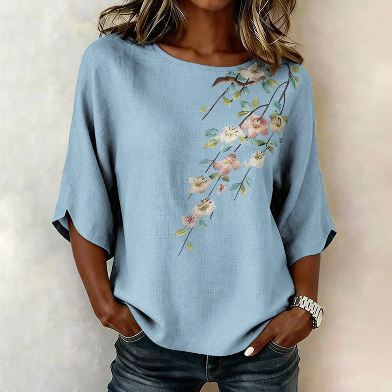 Floral Branch Print Half Sleeve Casual Blouse - Sky Blue - 4XL - image 1