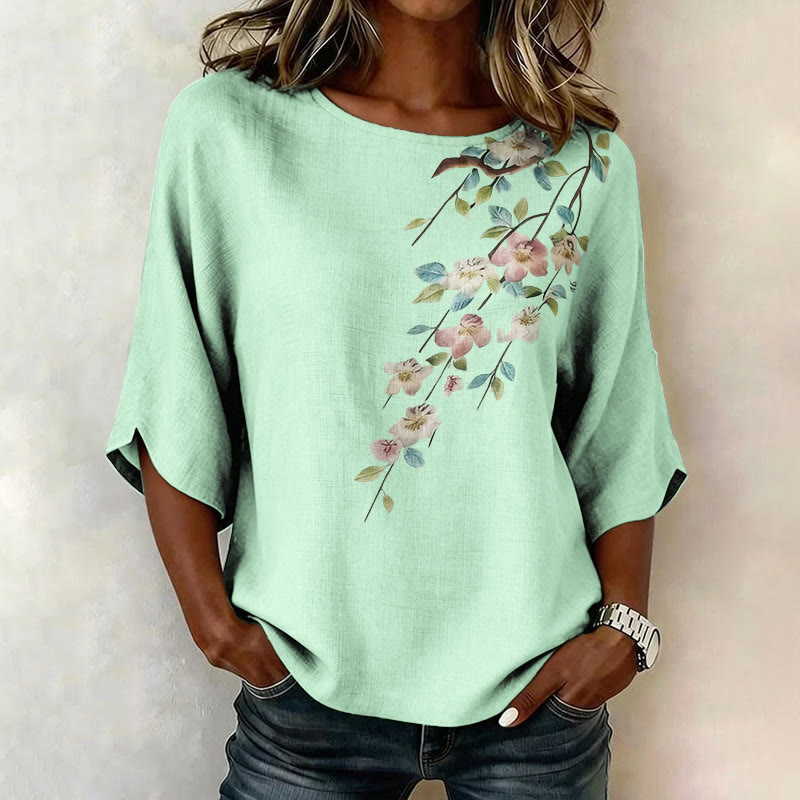 Floral Branch Print Half Sleeve Casual Blouse - Green - 4XL - image 3