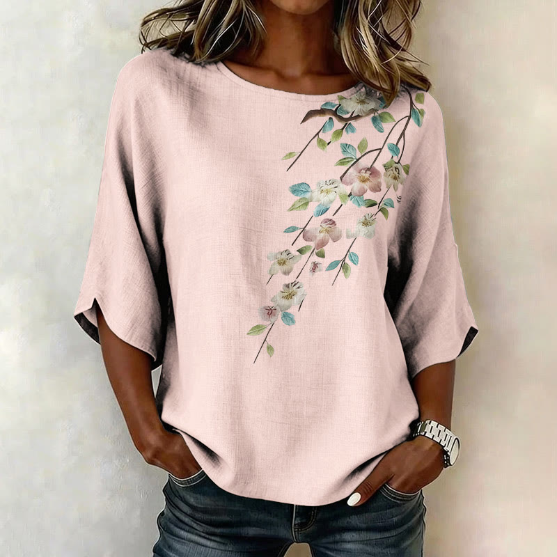 Floral Branch Print Half Sleeve Casual Blouse - Pink - 4XL - image 2