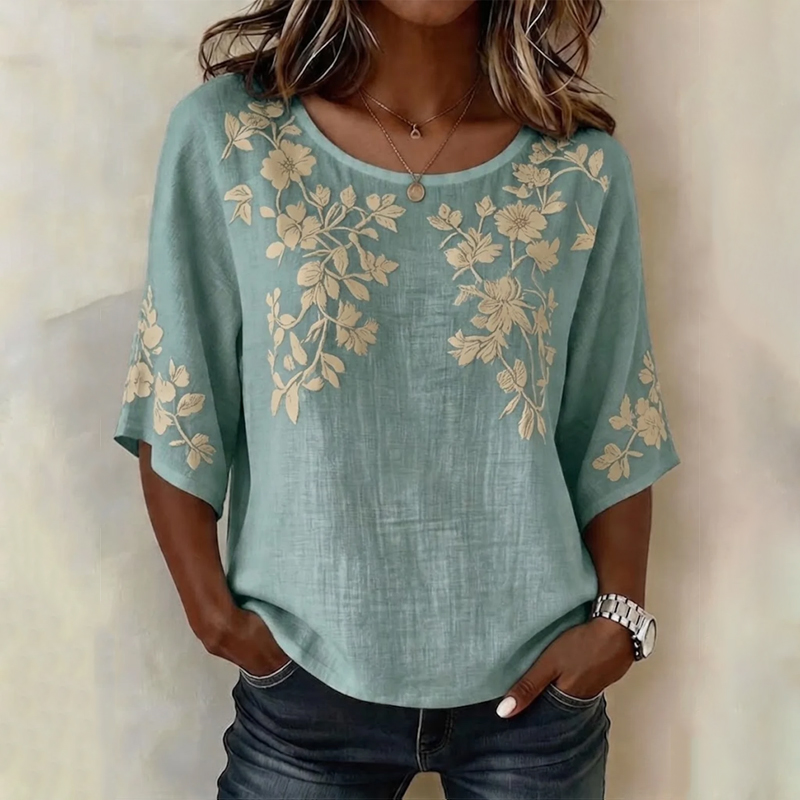  Vintage Elegant Floral Collar Badge Pattern Print Half Sleeve Casual Blouse - Light Green - US 28-30 (4XL) - image 1