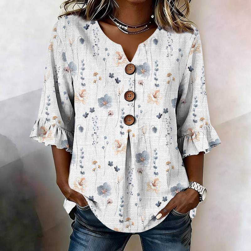Elegant Watercolor Flowers And Plants Pattern Print Button V-neck Blouse With Ruffle Sleeves - White - 5XL - image 1