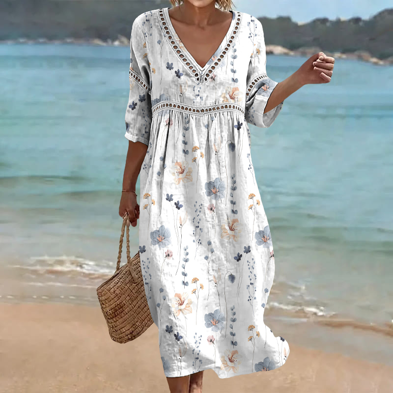 Elegant Watercolor Flowers And Plants Pattern Print Openwork Lace V-neck Half Sleeve Maxi Dress - White - 4XL - image 1