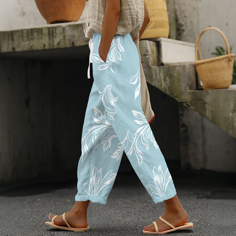 Vintage Flower Print Casual Pocket Pants  - Light Blue - 5XL - image 1