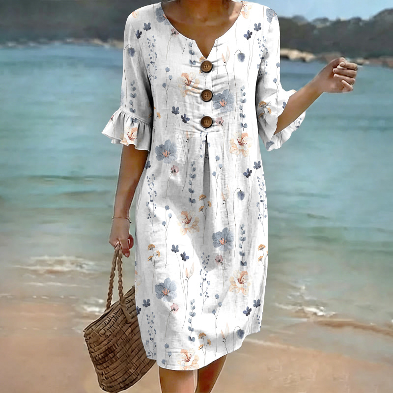 Elegant Watercolor Flowers And Plants Pattern Print Notched Collar Button Ruffled Half Midi Dress - White - US 22 (4XL) - image 1