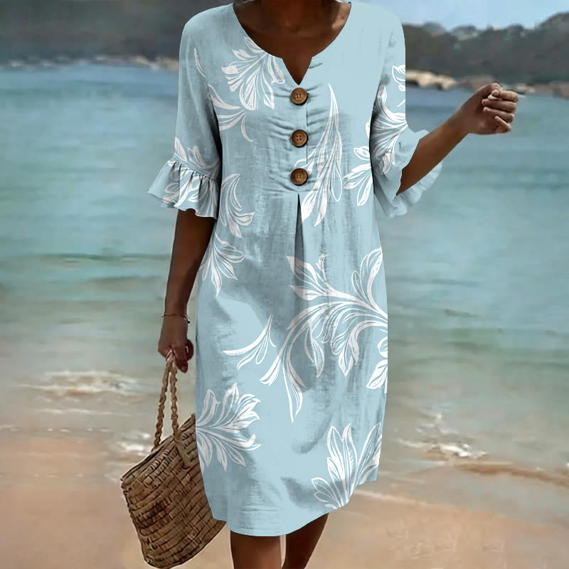 Vintage Flower Notched Collar Button Ruffled Half Midi Dress - Light Blue - US 22 (4XL) - image 1
