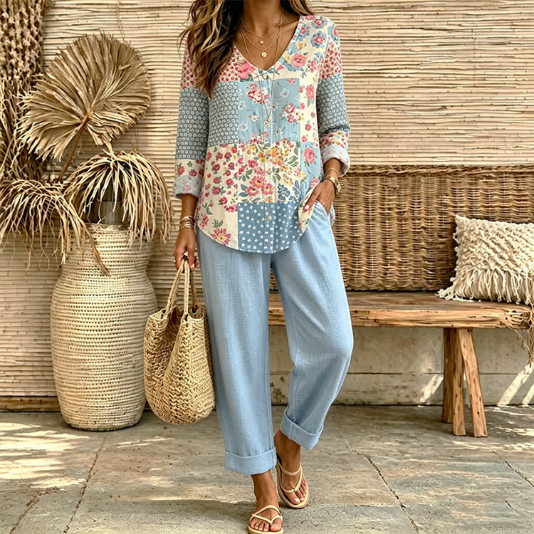 Pastoral Romantic Floral Patchwork Print Button V-neck A-line Long Sleeve Blouse&solid Pants Set - Dark Blue - 4XL - image 2