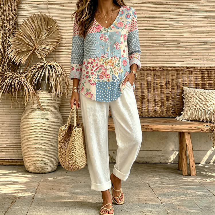 Pastoral Romantic Floral Patchwork Print Button V-neck A-line Long Sleeve Blouse&solid Pants Set - White - 4XL - image 1