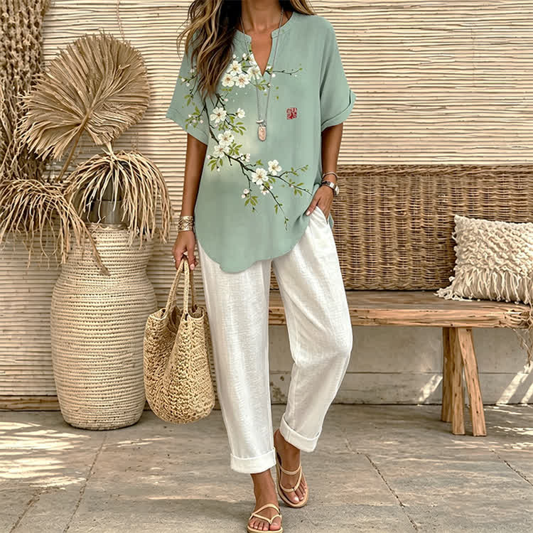 Japanese Vintage A Sprig Of White Cherry Blossoms Art Print Short Sleeve Casual Blouse&solid Pants Set - Light Green - 5XL - image 1