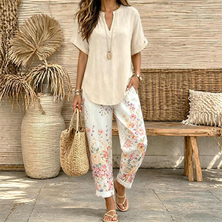 Elegant Wildflowers Watercolor Art Print Casual Pocket Pants&solid Blouse Set - Apricot - 5XL - image 2