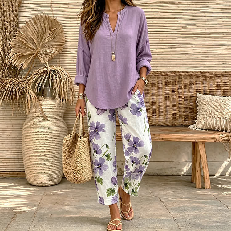 Elegant Watercolor Natural Flowers Print Casual Pocket Pants &solid Blouse Set - Purple - 5XL - image 2