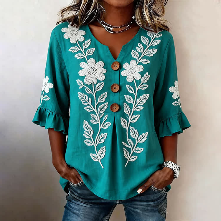 Retro Bold-Line Florals Pattern Print Button V-Neck Blouse With Ruffle Sleeves - Green - US32-34(5XL) - image 1