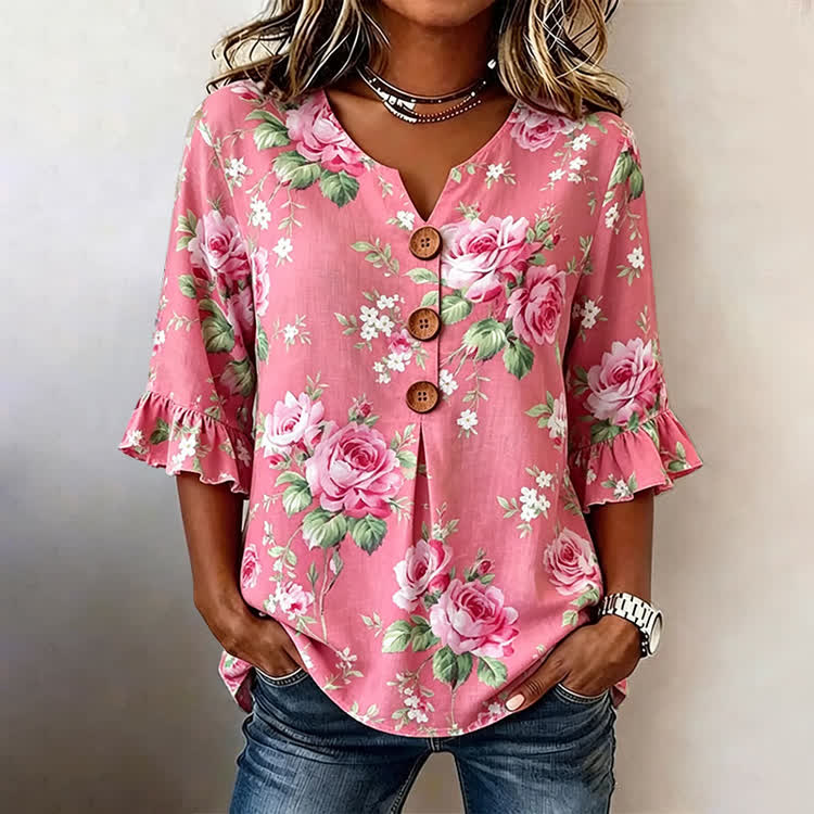 Elegant And Magnificent Roses Pattern Print Button V-Neck Blouse With Ruffle Sleeves - Pink - US32-34(5XL) - image 1