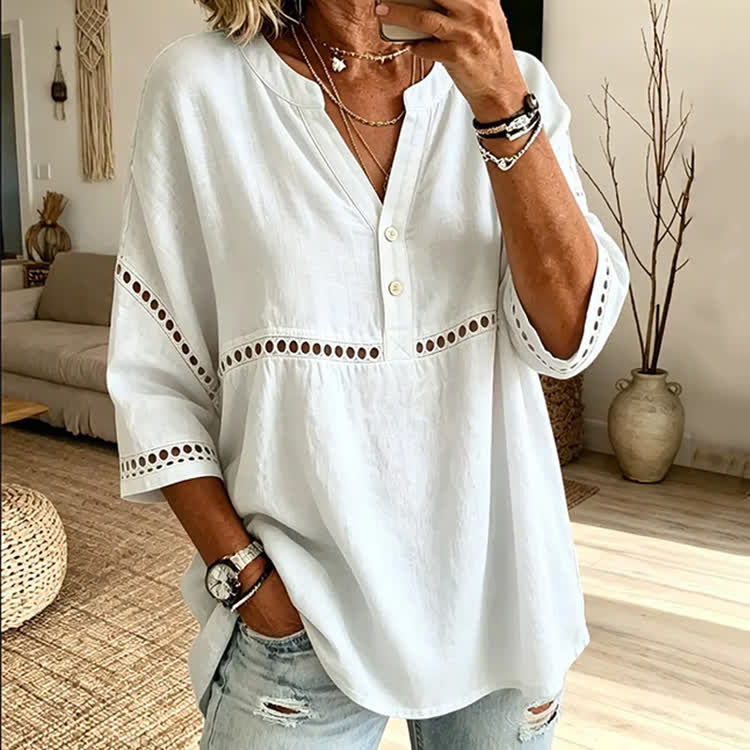 Elegant Solid Openwork Lace Splicing Henley Collar 3/4 Sleeve Blouse - White - 3XL - image 1