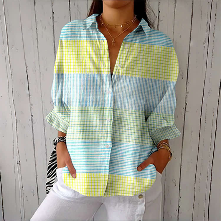 Retro Colorblock Checkered Button-up Blouse - Blue - 6XL - image 1