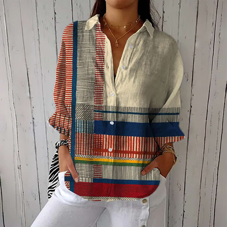 Multicolor Geometric Block Button-down Shirt - Apricot - 6XL - image 1