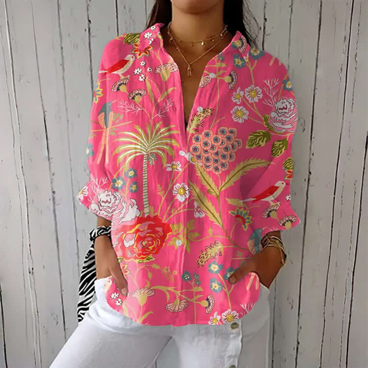 Tropical Floral Print Button-down Shirt - Pink - 6XL - image 1