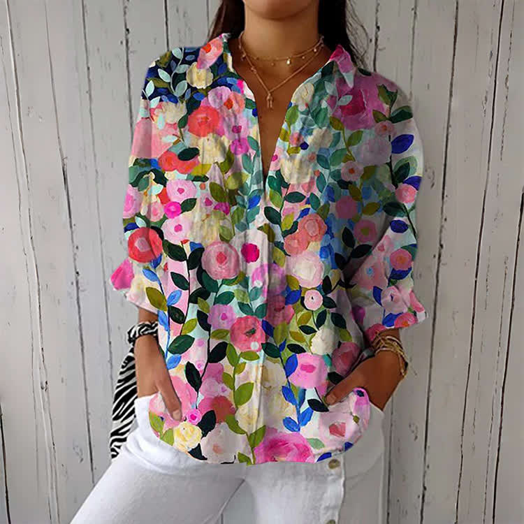 Painterly Flower Print Button-down Shirt - Multicolor - 6XL - image 1