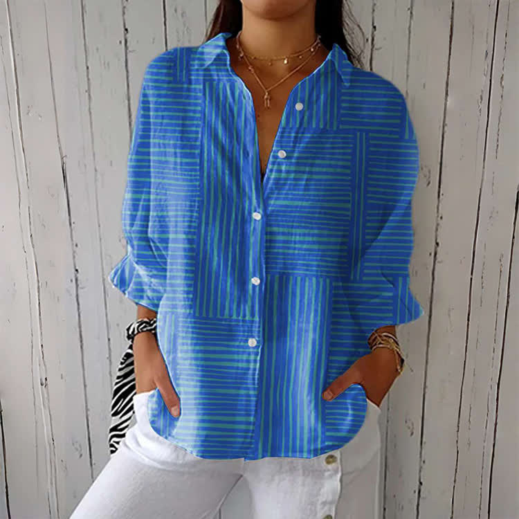 Casual Color-blocked Stripe Print Button-down Shirt - Blue - 6XL - image 1