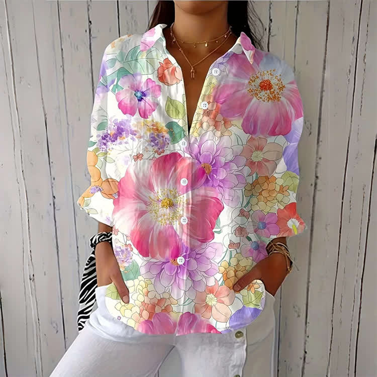 Boho Large Flower Garden Print Button-down Shirt - Pink - 6XL - image 1