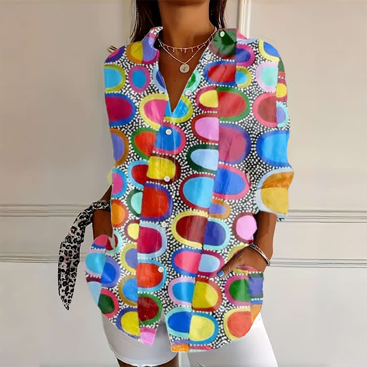 Vibrant Artistic Geometric Print Button-down Long Sleeve Blouse - Multicolor - 4XL - image 1
