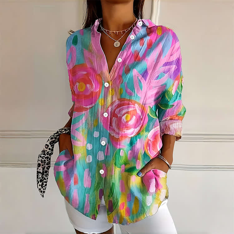 Pink Rose Art Print Button-down Long Sleeve Blouse - Multicolor - 4XL - image 1