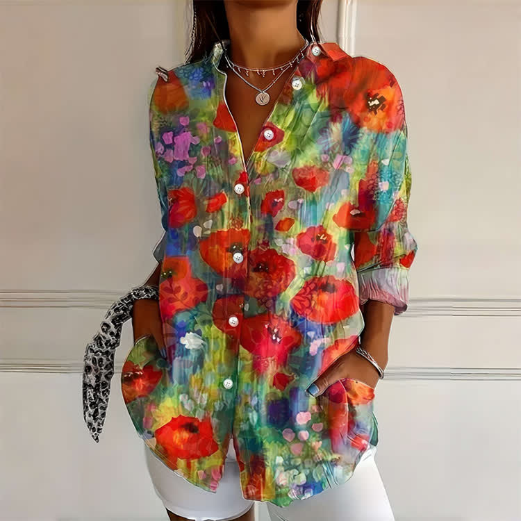 Red Floral Painting Print Button-down Long Sleeve Blouse - Multicolor - 4XL - image 1