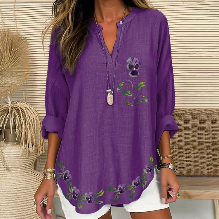 Alzheimer's Stitch Floral Pattern Print Short Sleeve Casual Blouse - Purple - US 30 (8XL) - image 1
