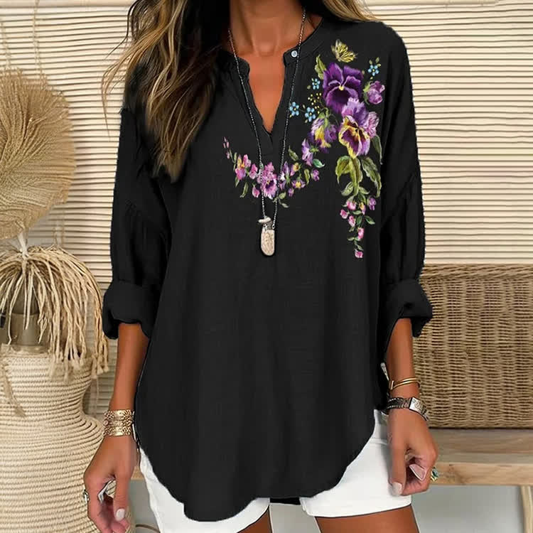 Alzheimer's Floral Oil Painting Pattern Print Short Sleeve Casual Blouse - Black - US 30 (8XL) - image 2