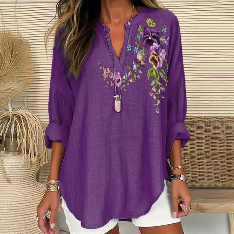 Alzheimer's Floral Oil Painting Pattern Print Short Sleeve Casual Blouse - Purple - US 30 (8XL) - image 1