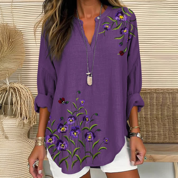 Alzheimer's Little Floral Stitch Pattern Print Short Sleeve Casual Blouse - Purple - US 30 (8XL) - image 1