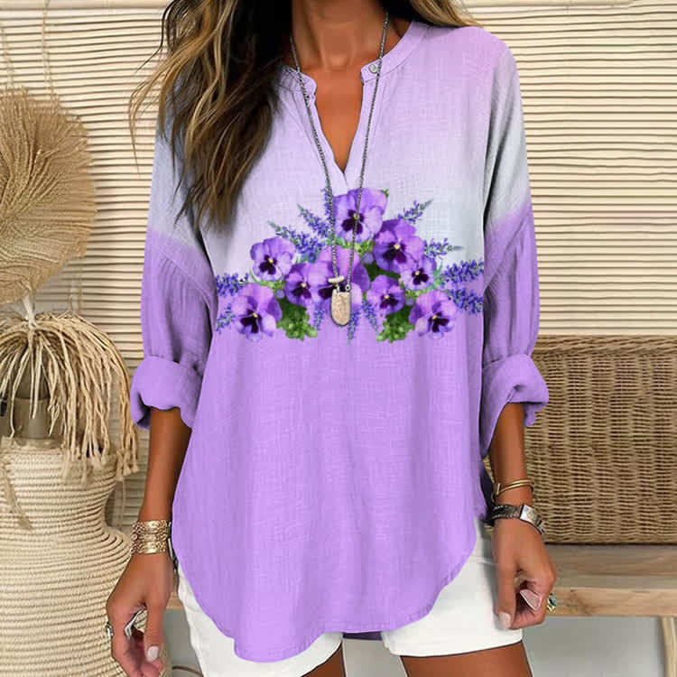 Alzheimer's Floral Two-Tone Patchwork Pattern Print Short Sleeve Casual Blouse - Light Purple - US 30 (8XL) - image 1