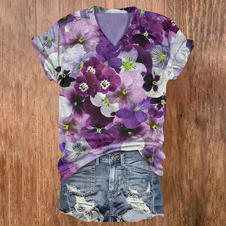 Alzheimer's Garden Print Short Sleeved V-Neck T-Shirt - Light Purple - US32-34(5XL) - image 1
