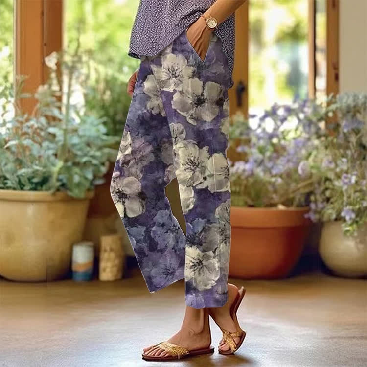 Alzheimer's Oil Painting Garden Pattern Print Casual Pocket Pants  - Purple - US 20 (5XL) - image 1