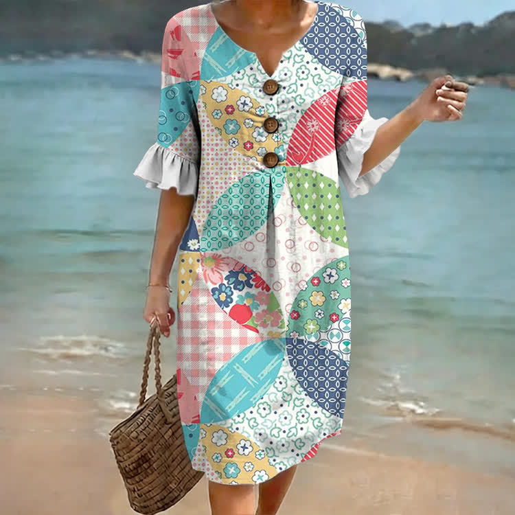 Multicolor Geometric Print Notched Collar Button Ruffled Half Midi Dress - Multicolor - 4XL - image 1