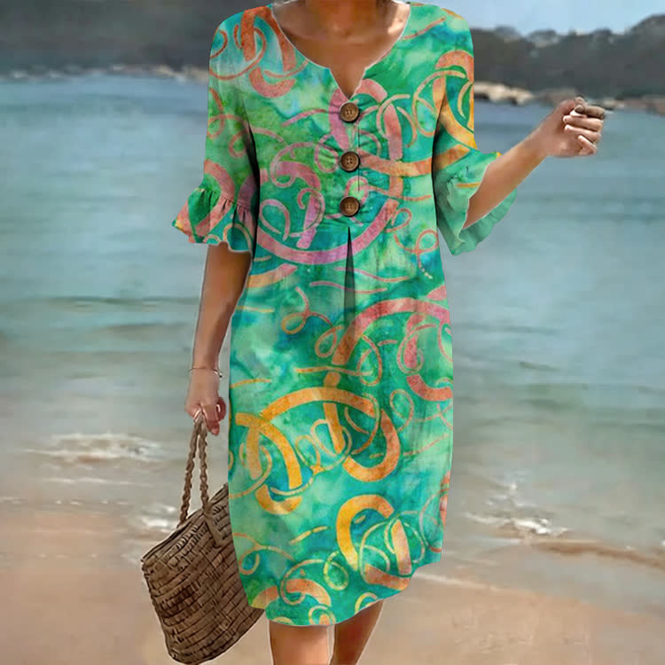 Abstract Swirl Print Notched Collar Button Ruffled Half Midi Dress - Green - 4XL - image 1