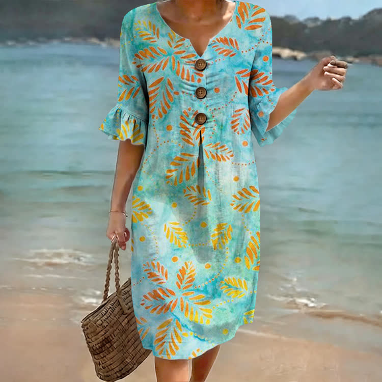 Turquoise Leaf Print Notched Collar Button Ruffled Half Midi Dress - Multicolor - 4XL - image 1