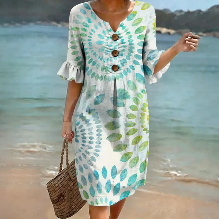 Tropical Watercolor Leaf Print Notched Collar Button Ruffled Half Midi Dress - White - 4XL - image 1
