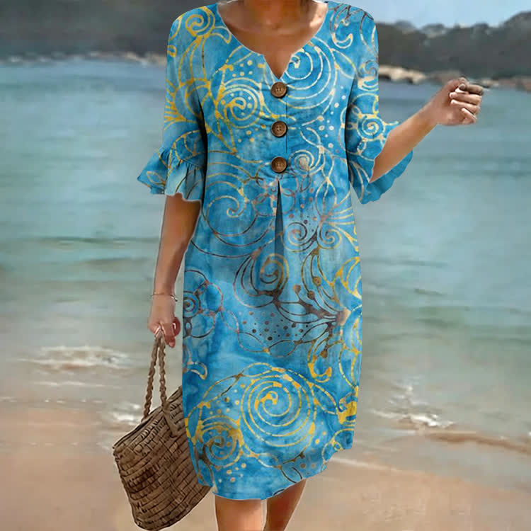 Blue Swirl Print Notched Collar Button Ruffled Half Midi Dress - Blue - 4XL - image 1