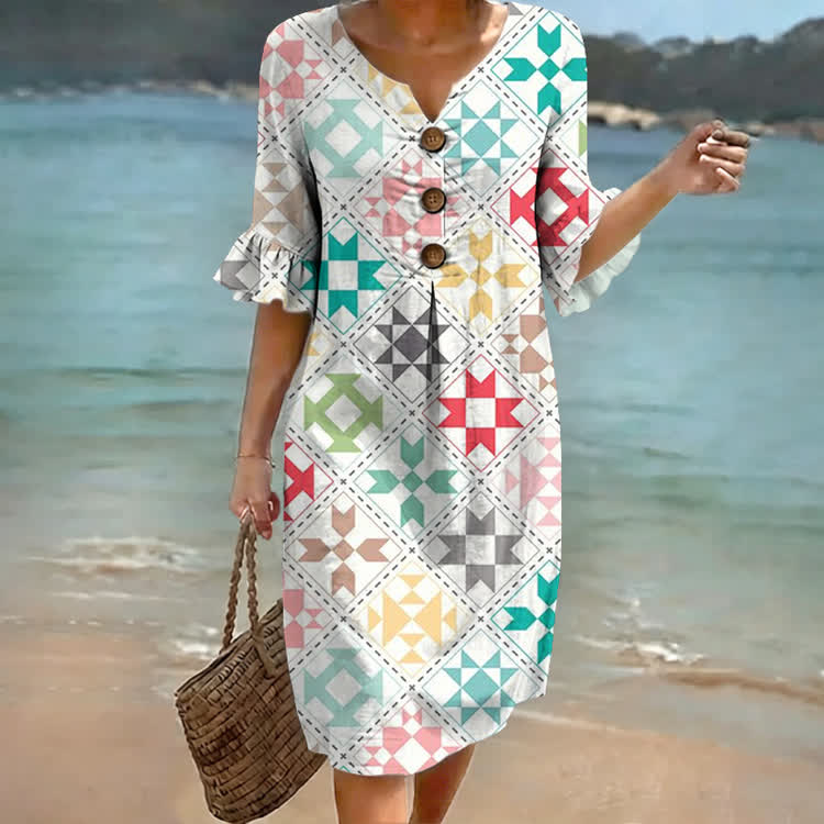 Multicolor Abstract Geometric Print Notched Collar Button Ruffled Half Midi Dress - White - 4XL - image 1