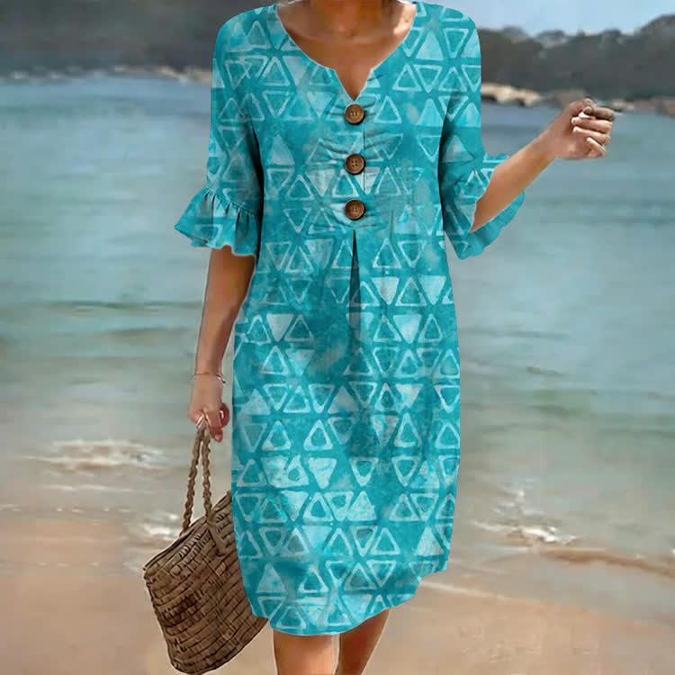 Geometric Triangle Print Notched Collar Button Ruffled Half Midi Dress - Blue - 4XL - image 1