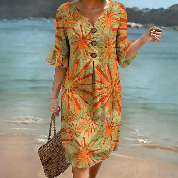 Boho Blue Starburst Print Notched Collar Button Ruffled Half Midi Dress - Orange - 4XL - image 2