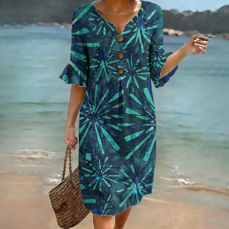 Boho Blue Starburst Print Notched Collar Button Ruffled Half Midi Dress - Blue - 4XL - image 1