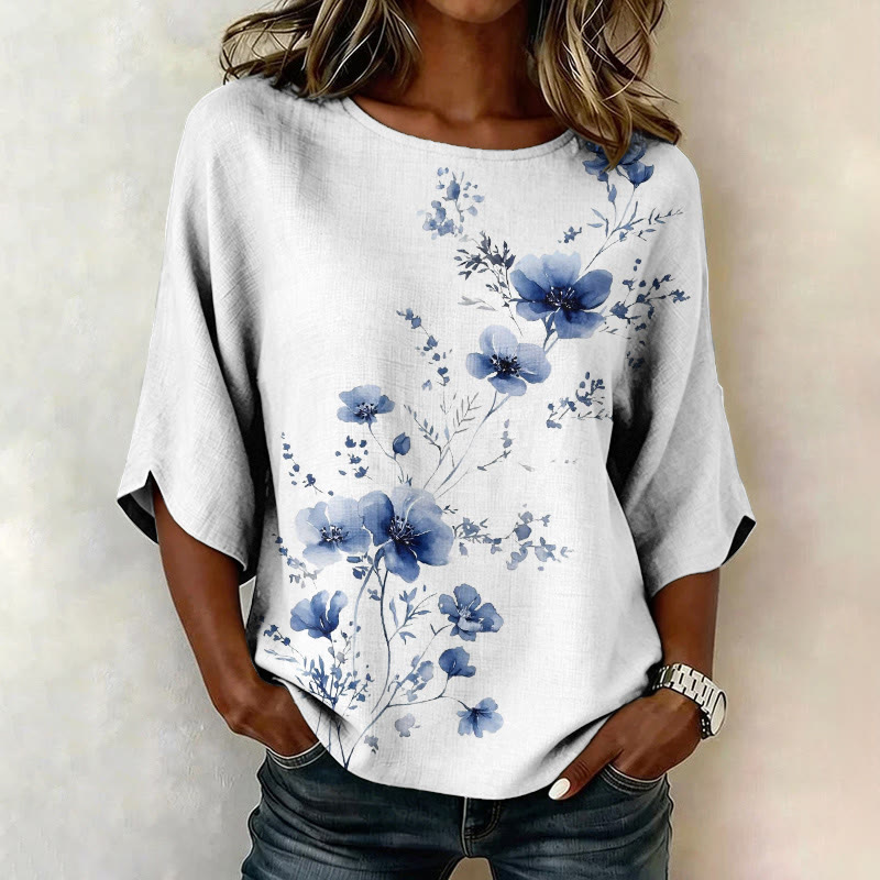 Blue Wildflower Print Half Sleeve Casual Blouse - White - US 28-30 (4XL) - image 1